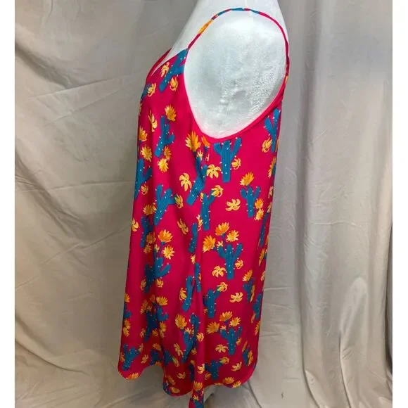 Peach Love California Pink Cactus Print Mini Swing Dress Pockets Boho Womens - Picture 4 of 7